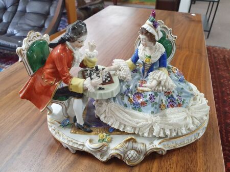 Large Antique Dresden Porcelain Group of Lady & Gentleman Playing Chess by Volkstedt Porcelain