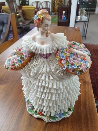 Large Antique Dresden Lace Flower Girl by Sitzendorf