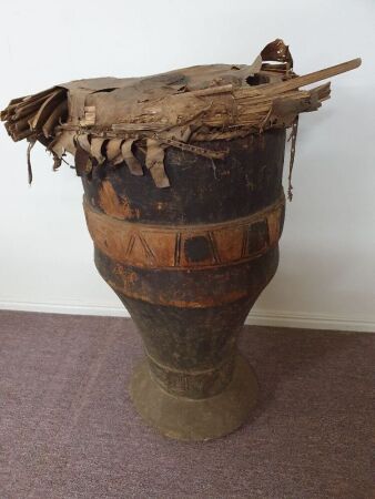 XL Antique Carved African Drum from Hollowed Tree Trunk - As Is