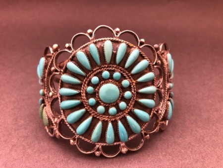 Large Southwest Native American Indian Sterling Silver and Turquoise Cluster Cuff Signed Cody S