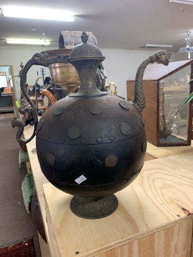 Unusual Iron and Brass Jug / Kettle with Dragon Spout and Handle with Applied Vintage Coin Decorations