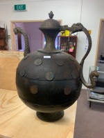 Unusual Iron and Brass Jug / Kettle with Dragon Spout and Handle with Applied Vintage Coin Decorations - 2