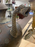 Unusual Iron and Brass Jug / Kettle with Dragon Spout and Handle with Applied Vintage Coin Decorations - 4