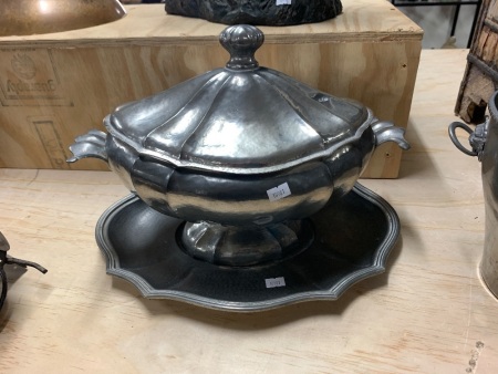 Large Vintage Hand Beaten Italian Pewter Turren on Fitted Tray
