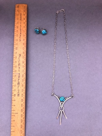 Vintage Yazzie Native American Sterling Silver and Turquoise Necklace and Earrings