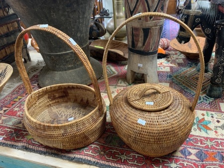 2 x Vintage Bukaware Baskets with Tall Handles - 1 Lidded