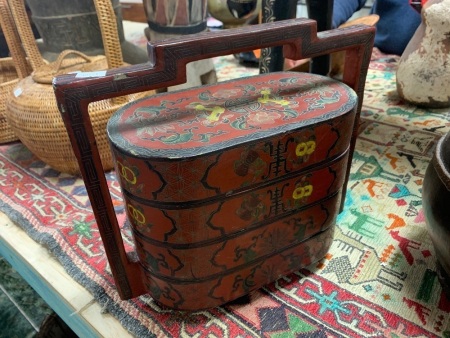 Antique Chinese 3 Tray Painted Lacquerware Food Carrier with Lid