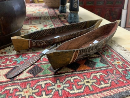 2 Vintage Hand Carved and Painted Aboriginal Canoes + Paddle