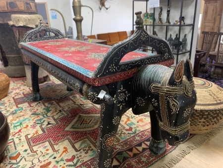 Vintage Middle Eastern Carved and Painted Double Headed Horse Stool / Table