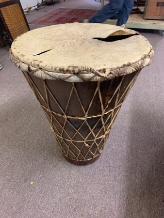 Tall Vintage Conical Steel African Drum - As Is - Hide Skin Needs Repair/Replacement