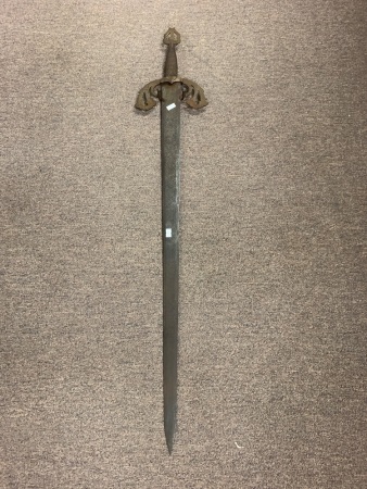 Vintage Spanish Steel Toledo Sword with Wire String Wrapped Grip and Incised Blade