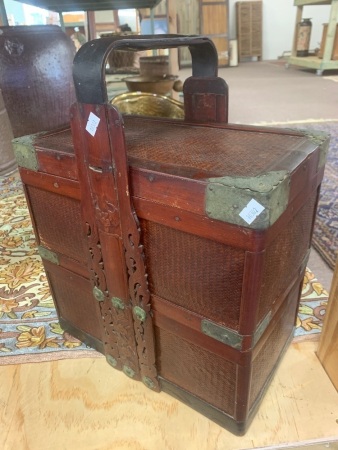 Antique Chinese Timber and Rattan 2 Tier Basket with Brass Mounts