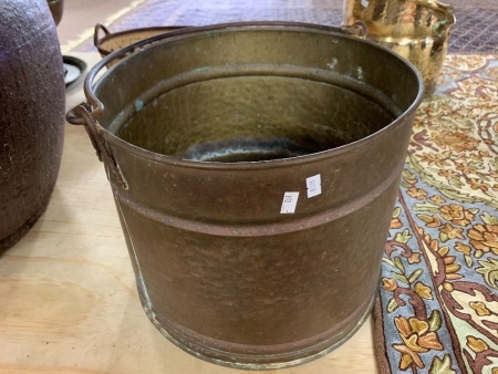 Large Vintage Hammered Brass Firewood Bucket with Iron Handle