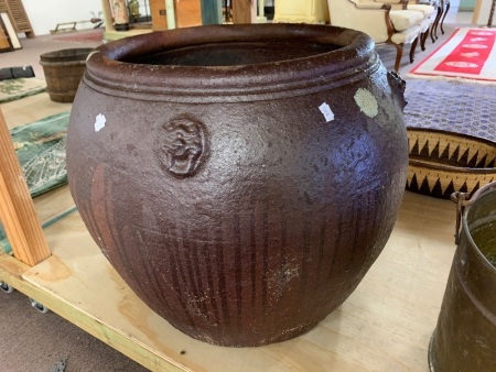 XL Heavy Stoneware Bowl with Lions Head Motifs Suitable for Fish Pond