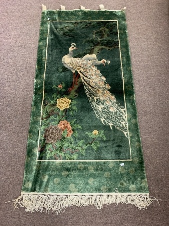 Thick Woven Silk Wall Hanging Rug Depicting White Peacocks