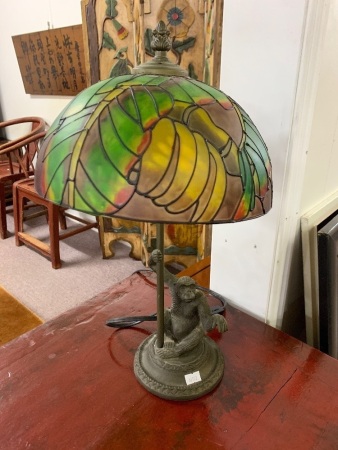 Contemporary Brass Monkey Table Lamp with Art Glass Shade - As Is