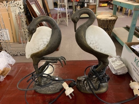 Pair of Contemporary Heavy Brass/Bronze Bird Table Lamps with Shaped Speckled Glass Shades