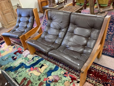 Mid Century 2 Seater Sofa + Chair Leather and Timber Suite