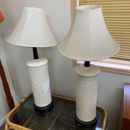 Pair of Tall White Ceramic Table Lamps with Trees Design + Shades