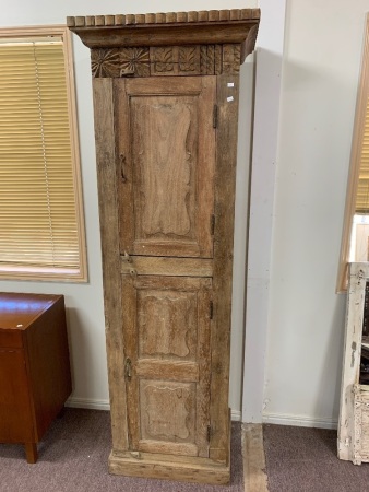 Antique Tall Narrow Indian 2 Door Cabinet with Shelves Inside and Carved Panels to Sides