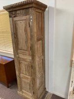 Antique Tall Narrow Indian 2 Door Cabinet with Shelves Inside and Carved Panels to Sides - 2