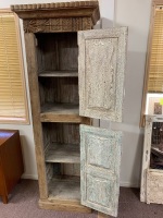 Antique Tall Narrow Indian 2 Door Cabinet with Shelves Inside and Carved Panels to Sides - 3