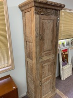 Antique Tall Narrow Indian 2 Door Cabinet with Shelves Inside and Carved Panels to Sides - 4