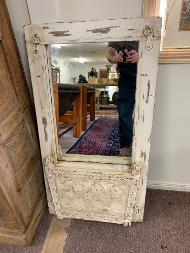 Shabby Indian White Painted and Carved Timber Framed Wall Mirror