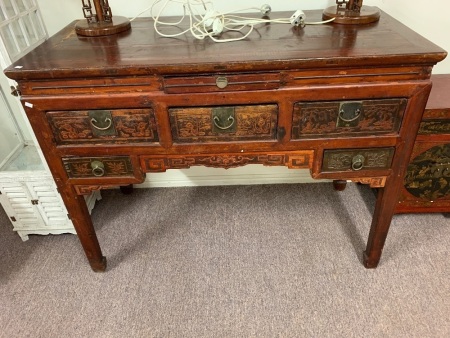 Antique Chinese Painted Timber Table with 6 Carved Front Drawers