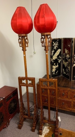 Pair of Chinese Carved Timber Standard Lamps With Red Silk Shades