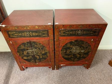 Pair of Small Chinese Lacquerware 2 Door Bedside Cabinets - As Is