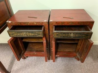 Pair of Small Chinese Lacquerware 2 Door Bedside Cabinets - As Is - 2