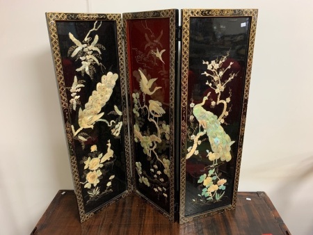 3 Part Folding Chinese Lacquerware an Screen with Shell Overlay Depicting Peacocks and Cranes