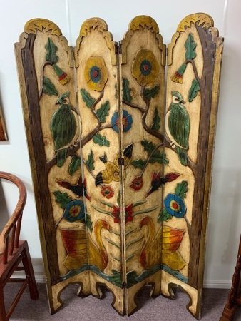 Vintage Naively Carved and Painted 4 Part Timber Screen with Flowers and Birds