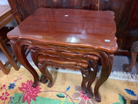 Nest of 3 Vintage Style Carved Mahogany Tables