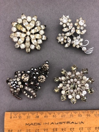 4 Vintage White Metal Diamonte Style Brooches