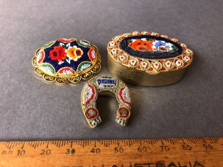 Vintage Venezia Micro Mosaic Brooch + Later Pill Box & Brooch