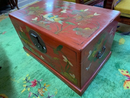 Large Vintage Chinese Hand Painted Glory Box with Brass Mounts and Handles