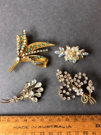 4 Vintage Yellow Metal Diamonte Style Brooches