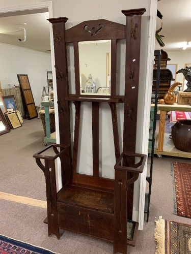 Antique Art Nouveau Silky Oak Hall Stand with Original Hooks, Mirror and Umbrella Drip Trays - Seat Has Storage Under