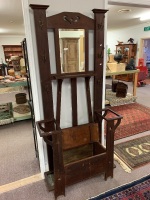 Antique Art Nouveau Silky Oak Hall Stand with Original Hooks, Mirror and Umbrella Drip Trays - Seat Has Storage Under - 2