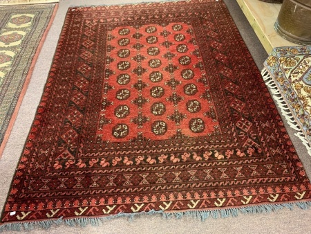 Vintage Pakistan Thick Hand Knotted Wool Rug in Reds with Grey Fringe