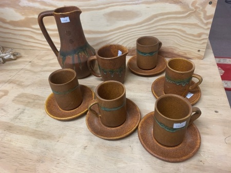 Mid Century Ray Cook Pottery 5 Coffee Cups, Suacers, Milk Jug & Water Jug