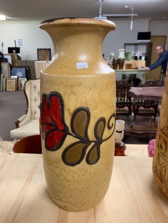 Tall Vintage Mid Century Scheurich W.German Pottery Vase with Red Flower Design