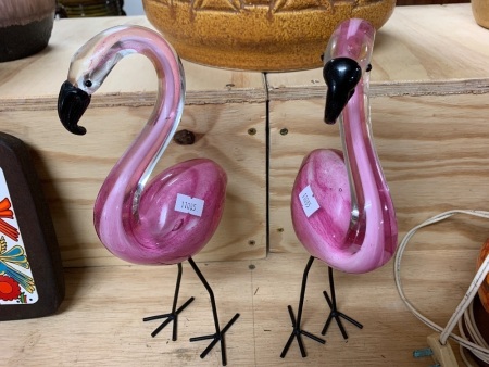 Pair of Contemporary Pink Glass Figural Flamingoes on Metal Legs