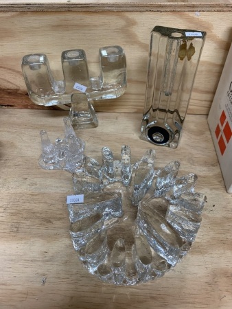 Kosta Boda Crystal Napkin Holder + Art Deco Style Crystal Spill Vase with Euro Silver Ring, Swedish Crystal Candlestick & Ring Holder