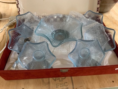 7 Piece Pressed Blue Glass Fruit Set in Original Box