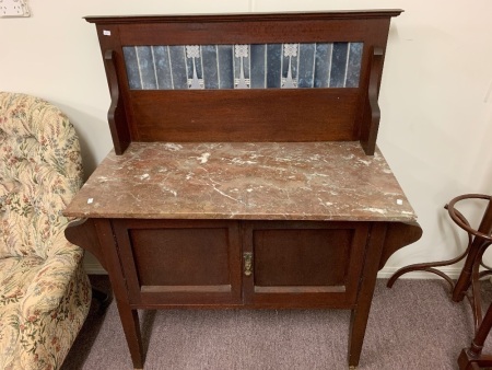 Antique Silky Oak 2 Door Washstand with Marble Top and Original Art Nouveau Tiled Splashback