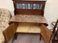 Antique Silky Oak 2 Door Washstand with Marble Top and Original Art Nouveau Tiled Splashback - 2