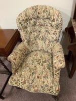 Antique Button Back Upholstered Armchair on Timber Legs with Original Brass Casters - As Is